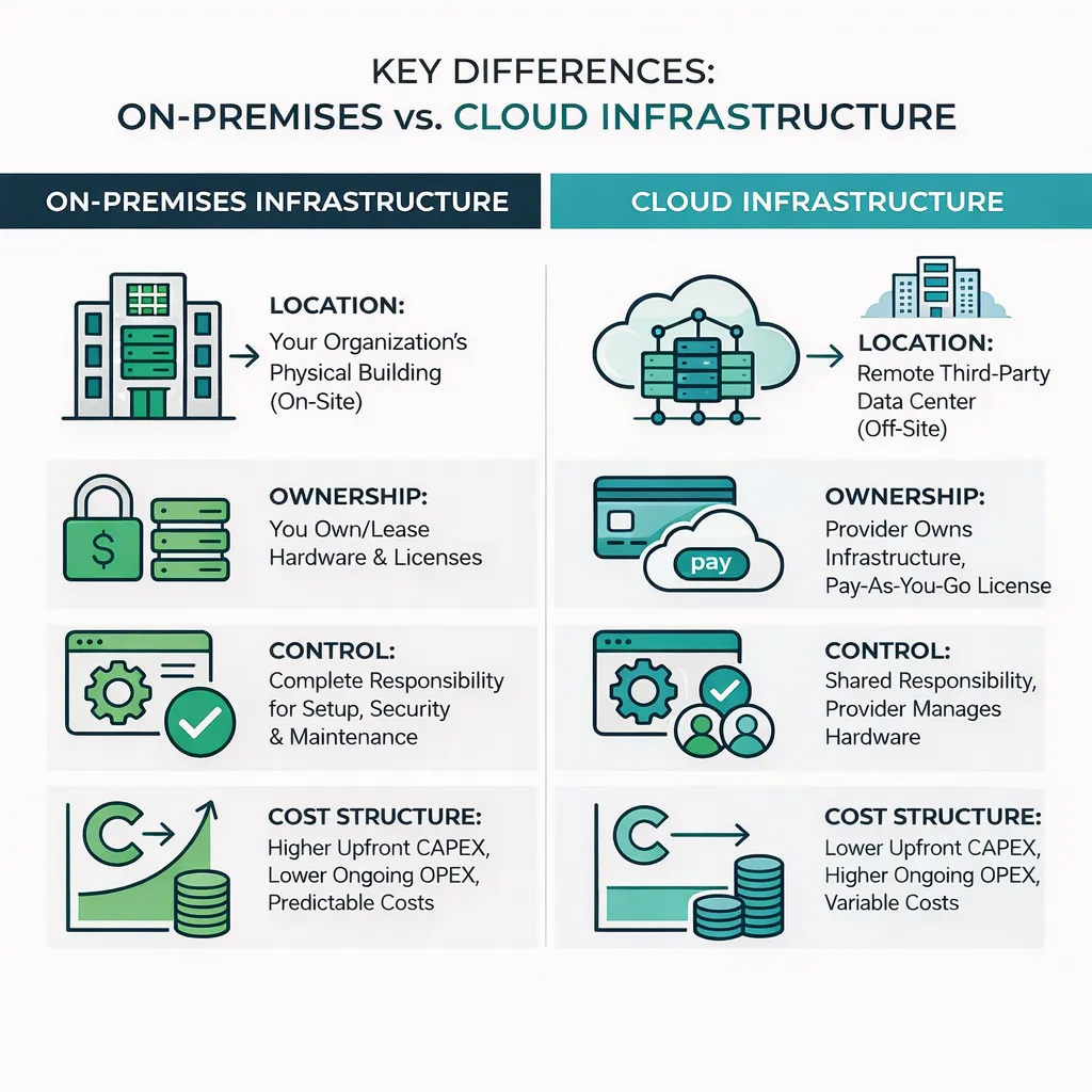 On-Prem Infrastructure Cloud
Key differences between on-premises (left) and cloud (right) infrastructure.